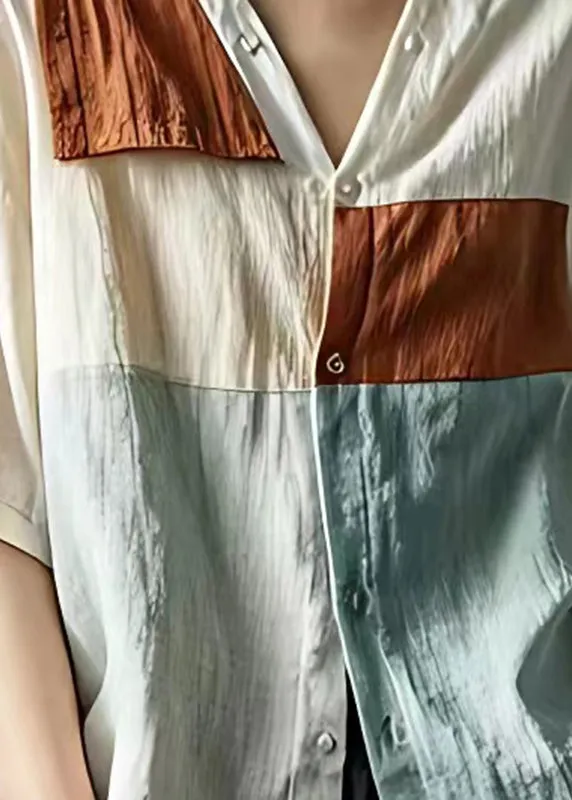 Plus Size Apricot V Neck Patchwork Linen Shirt Top Summer