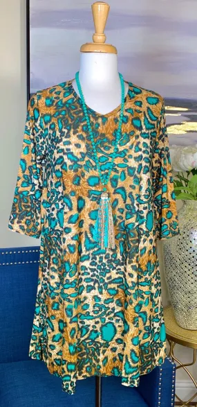 S / M : Silky Teal & Tan Leopard Flutter Tunic