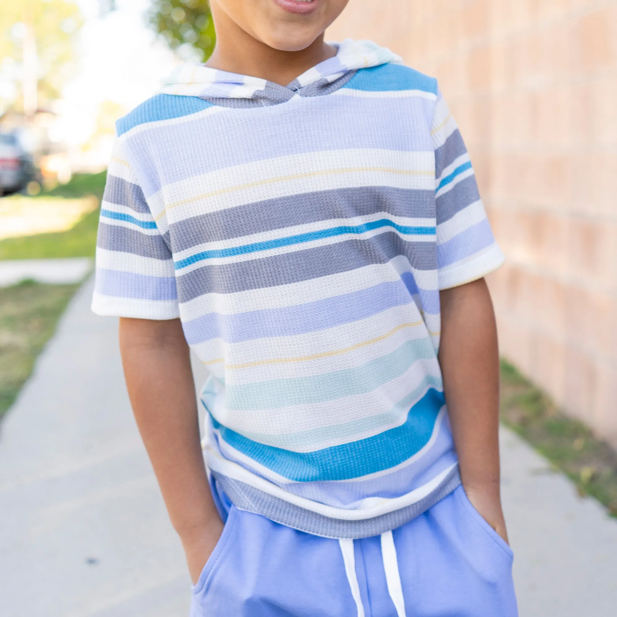 Spring Stripes Short Sleeve Hoodie - Blue