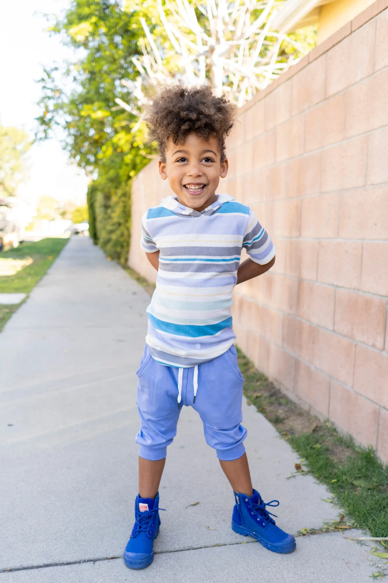 Spring Stripes Short Sleeve Hoodie - Blue