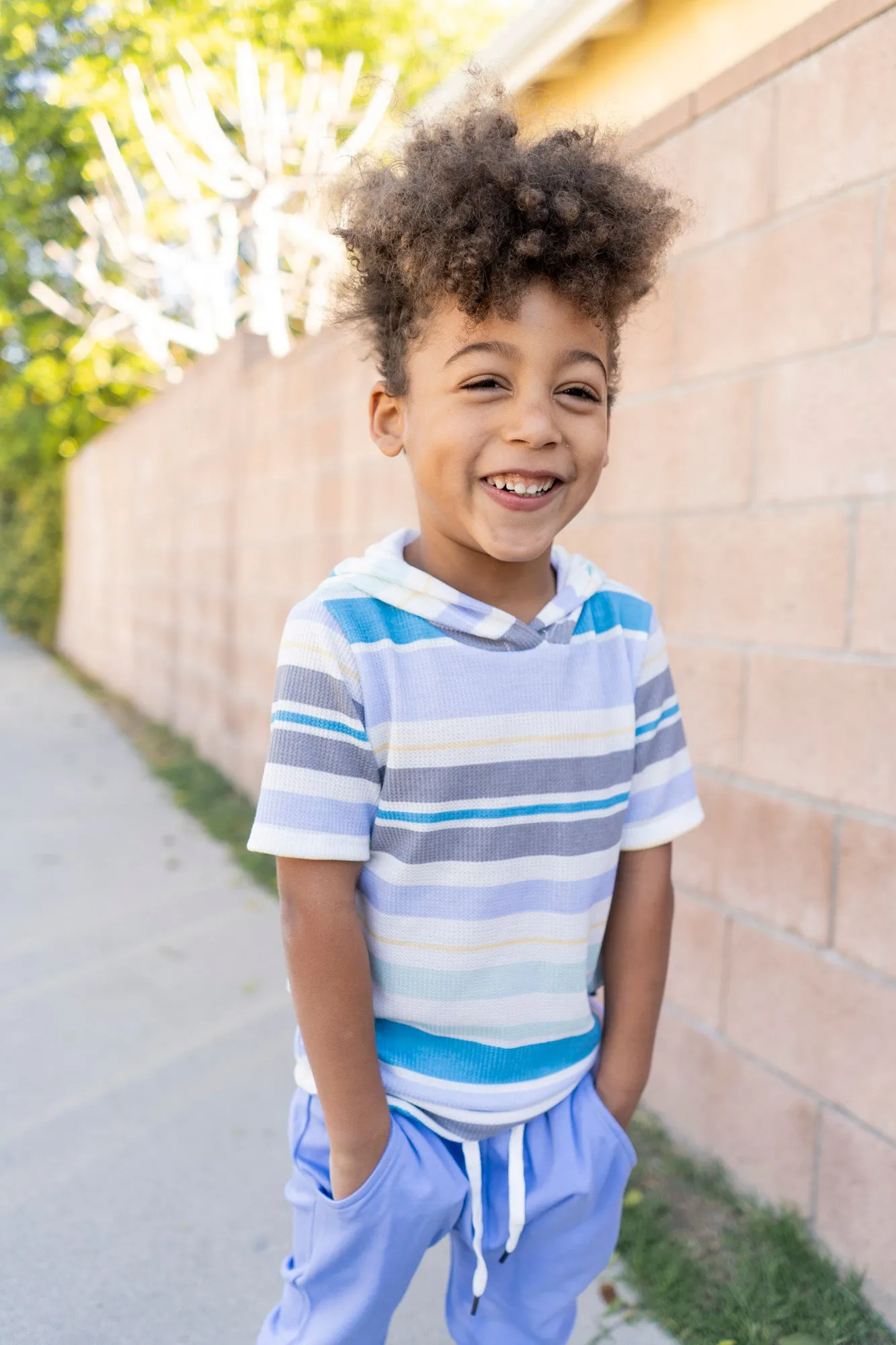 Spring Stripes Short Sleeve Hoodie - Blue