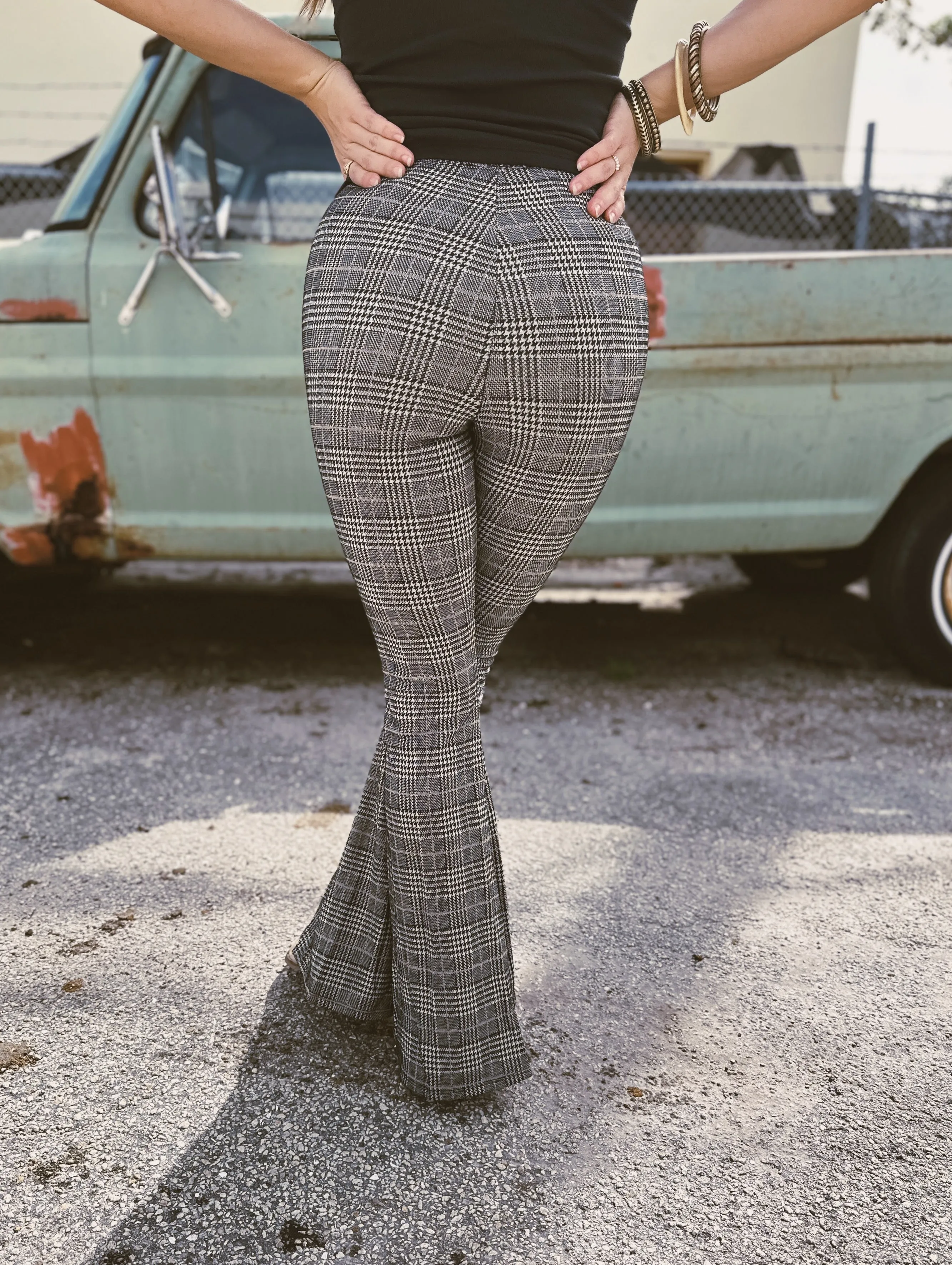 Steppin' Stone Houndstooth Plaid Print Bell Bottom Flare Pants