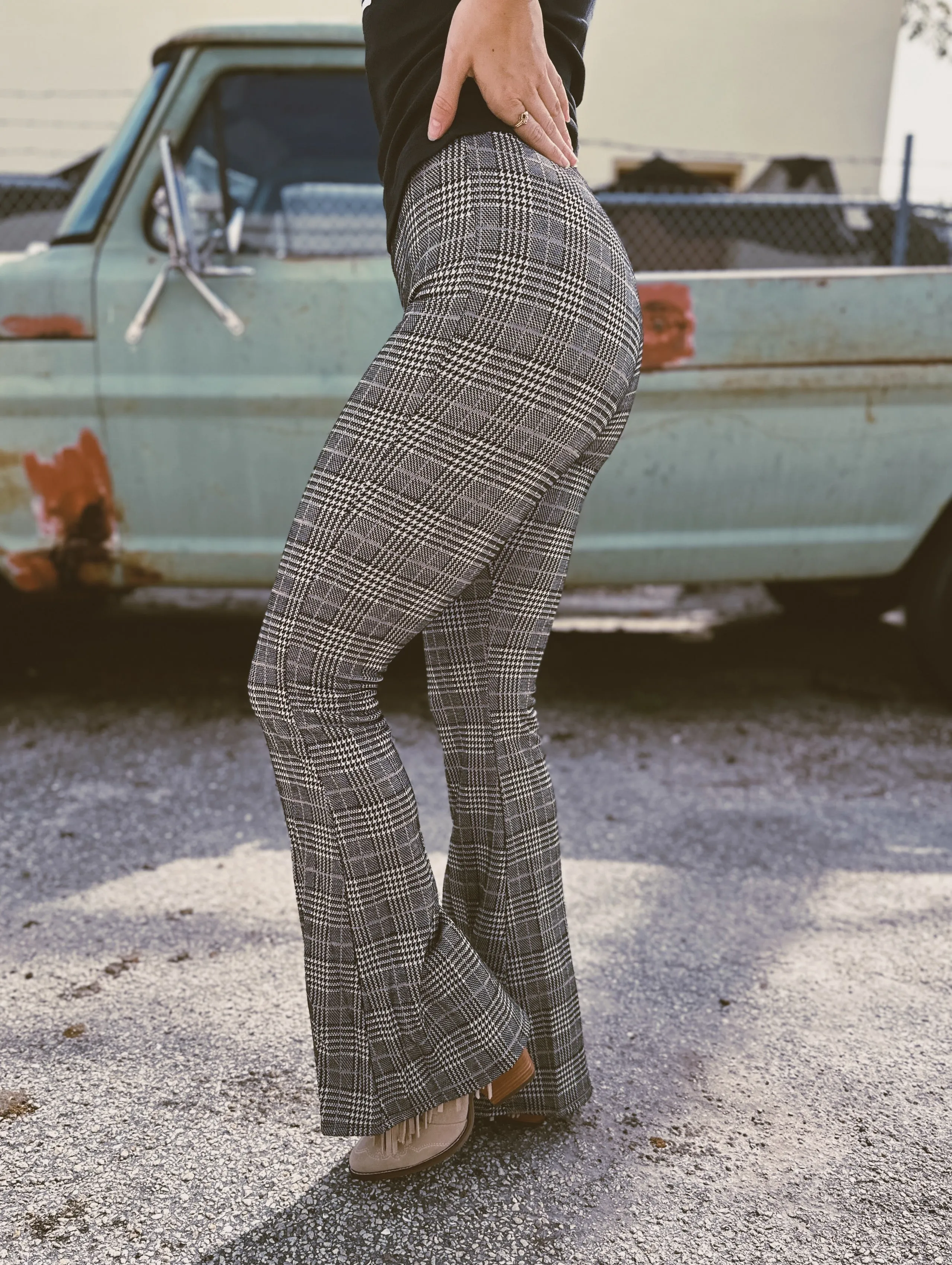 Steppin' Stone Houndstooth Plaid Print Bell Bottom Flare Pants