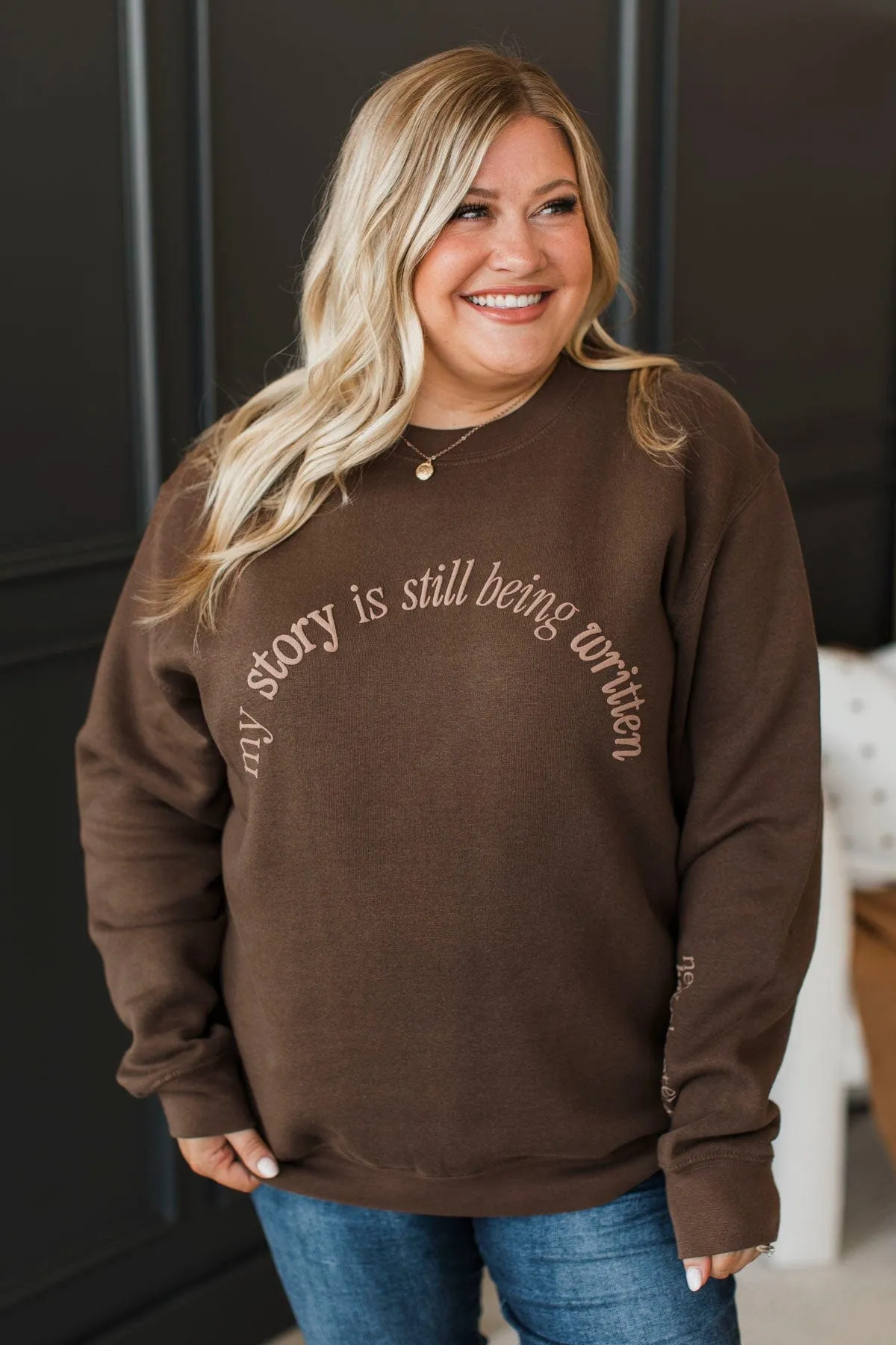 Still Being Written Crew Neck Pullover- Brown