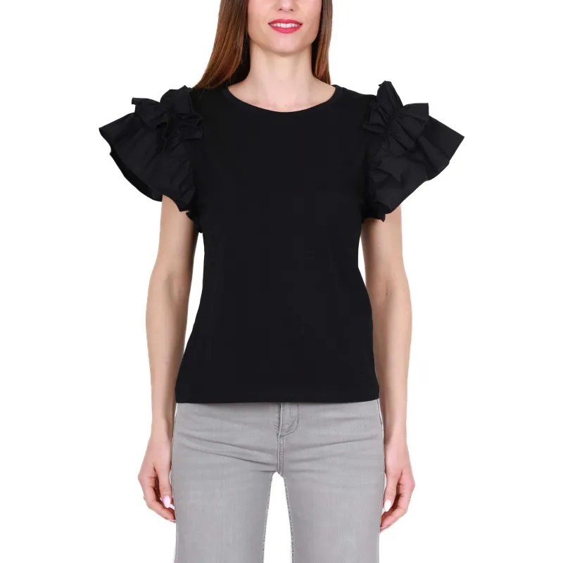 T-SHIRT MANICHE CORTE CON ROUCHES, NERO