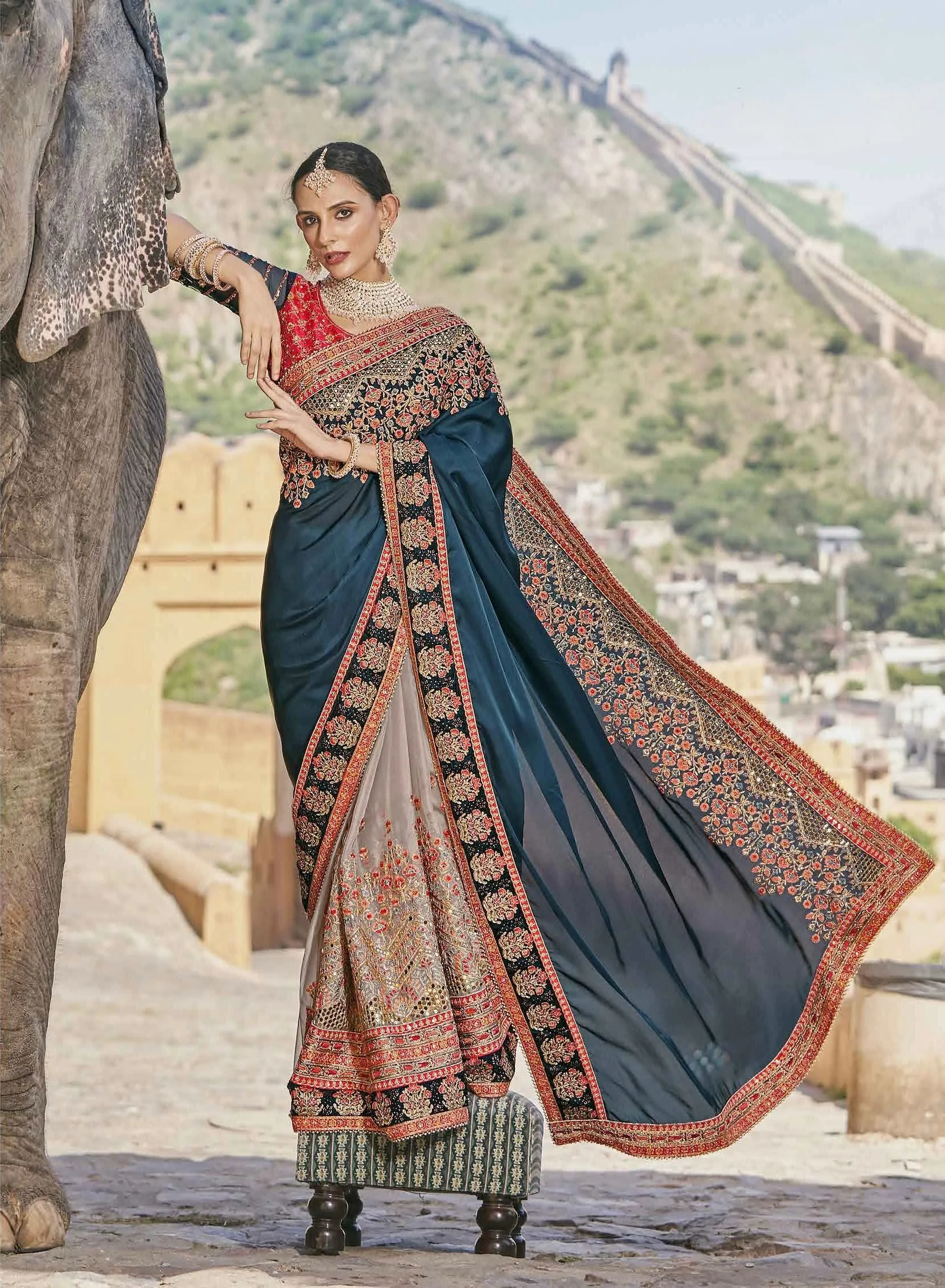 Teal and Beige Kalista Fashions Designer Saree