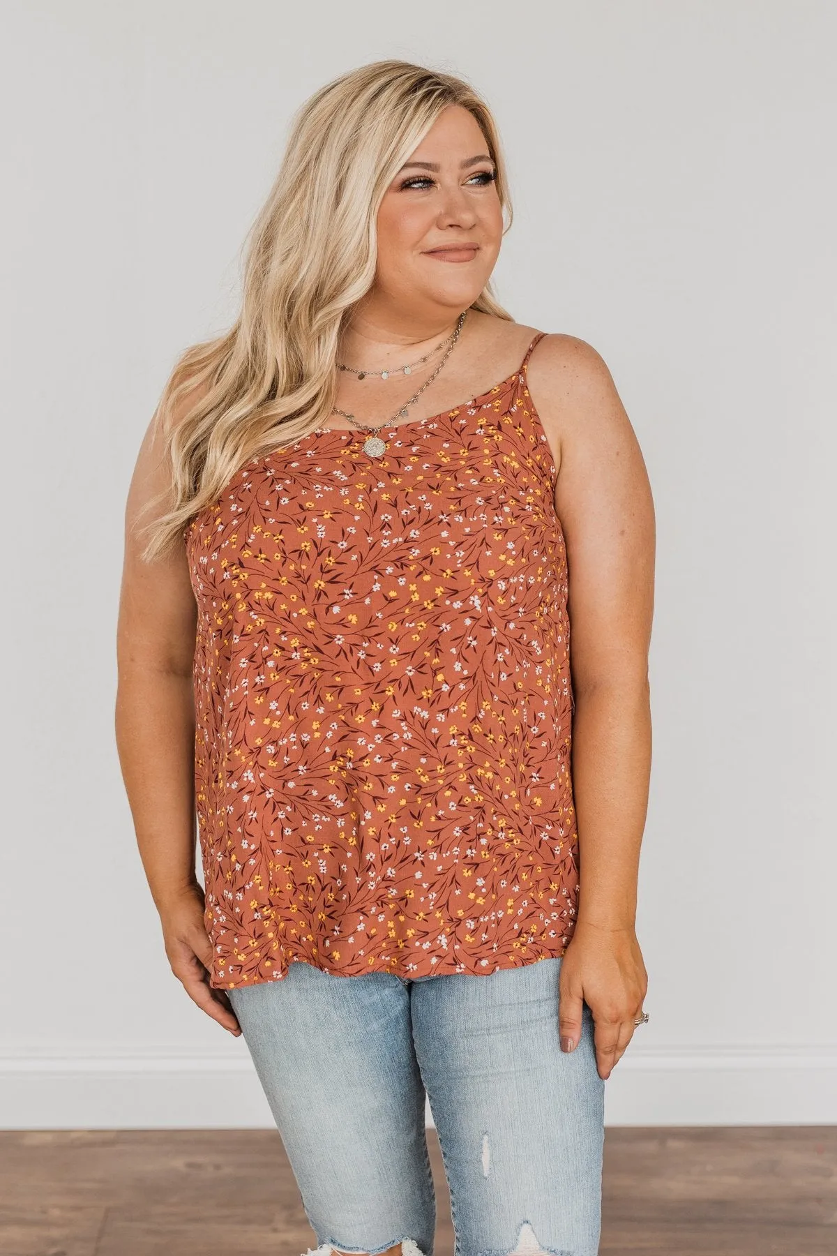 The Cutest Apple In The Orchard Floral Tank Top- Rust