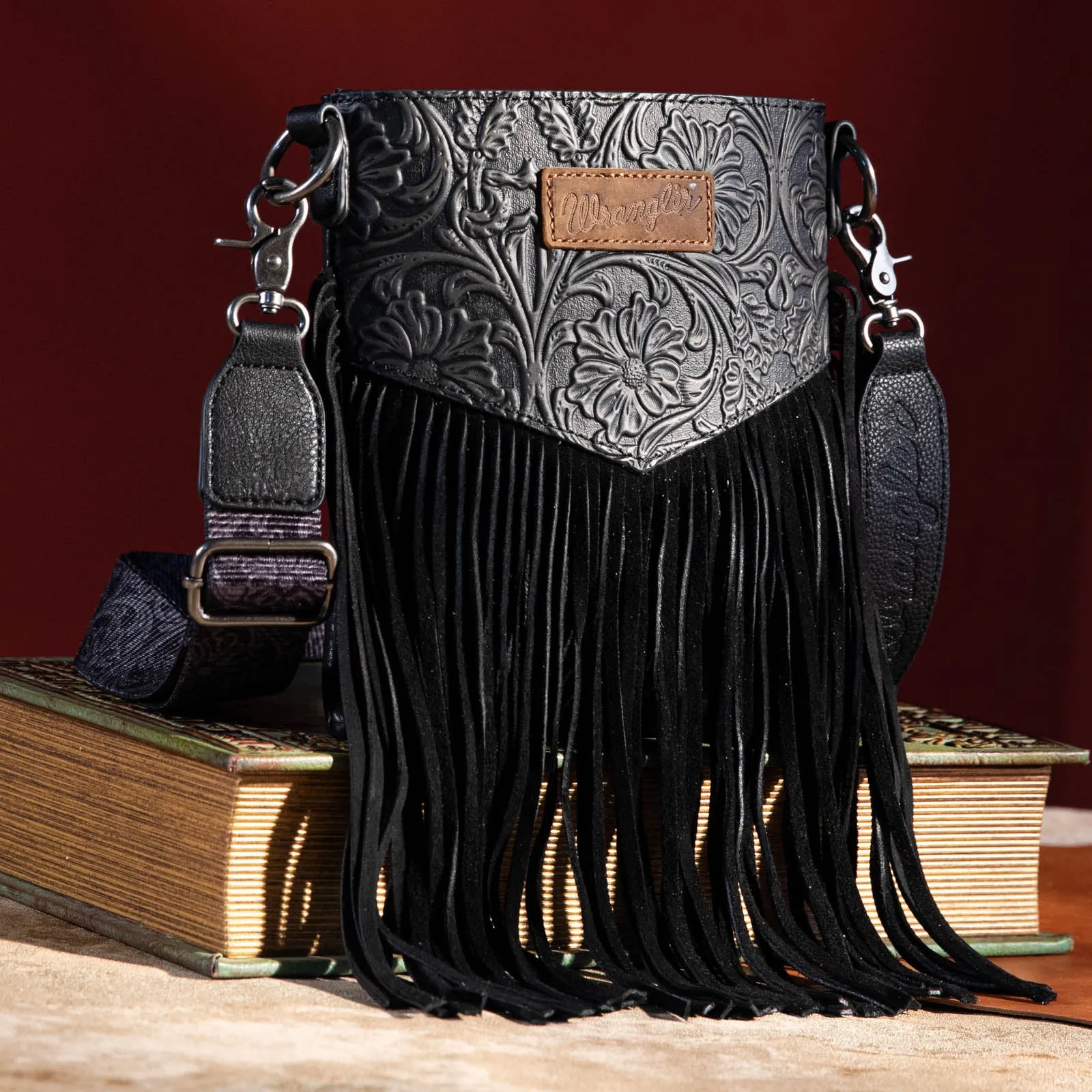 WG63-G8360 Wrangler Vintage Floral Embossed Fringe Crossbody