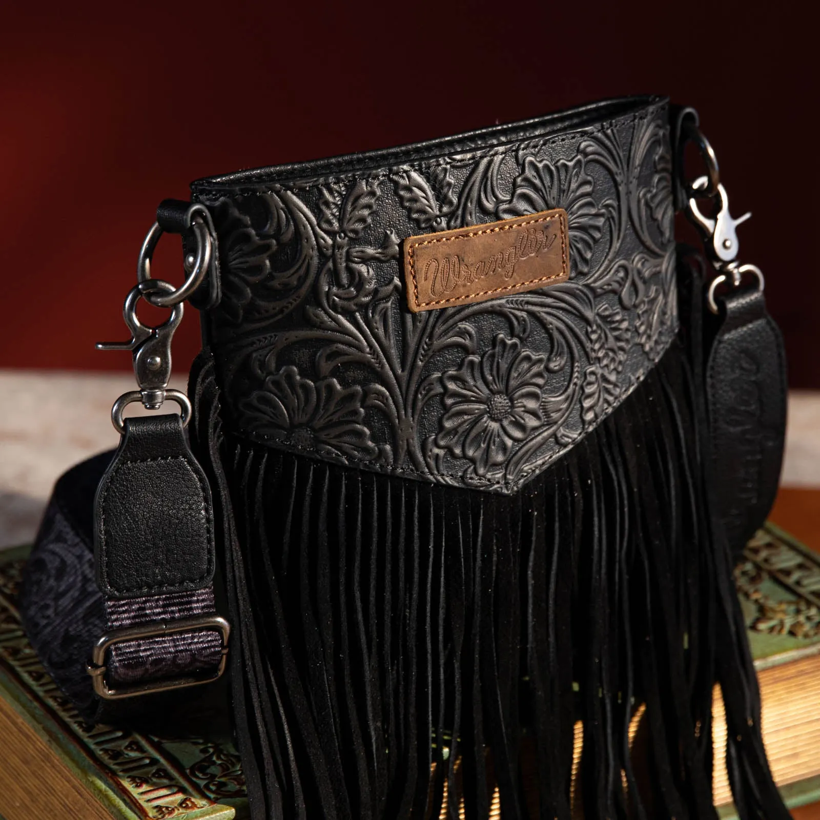 WG63-G8360 Wrangler Vintage Floral Embossed Fringe Crossbody