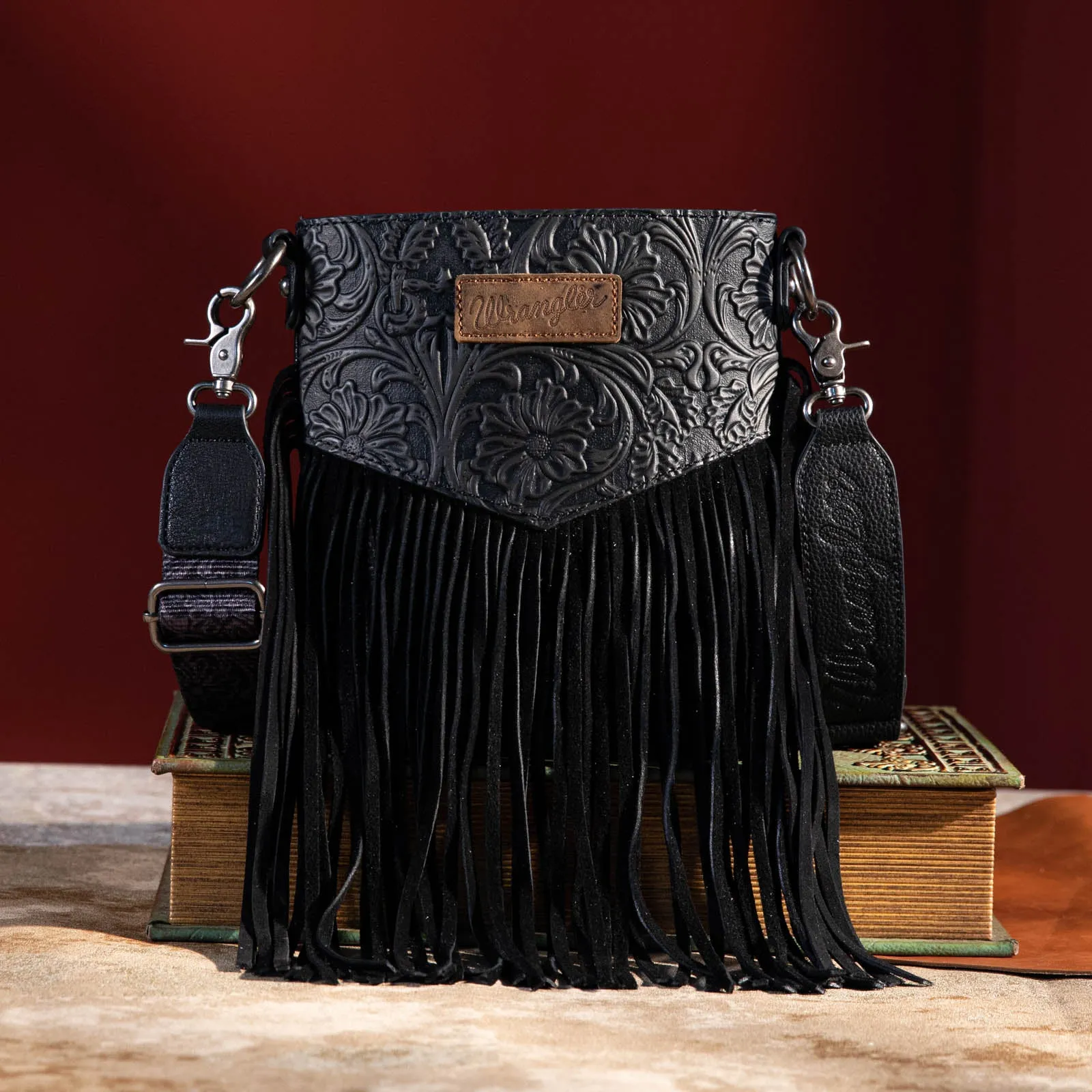 WG63-G8360 Wrangler Vintage Floral Embossed Fringe Crossbody