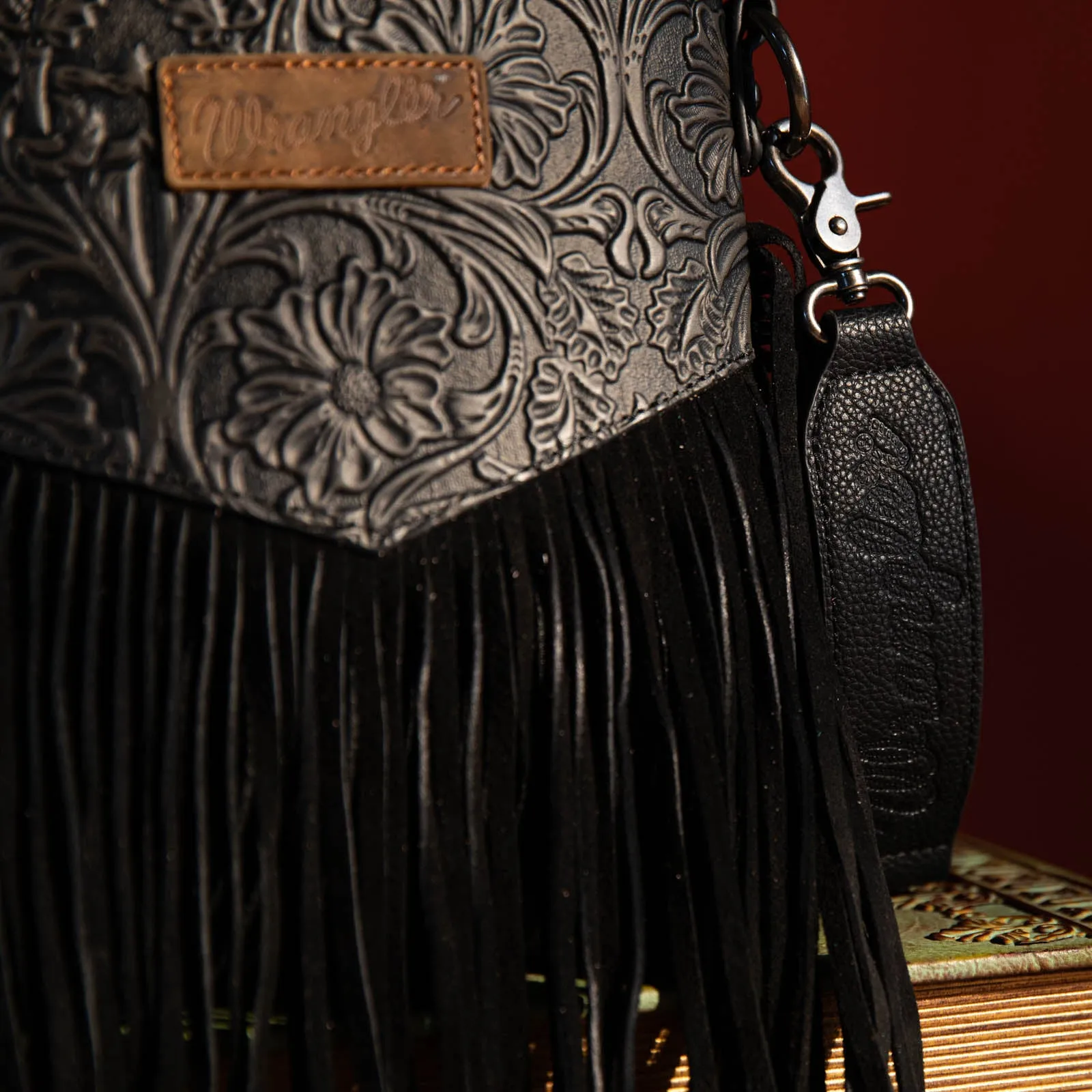 WG63-G8360 Wrangler Vintage Floral Embossed Fringe Crossbody