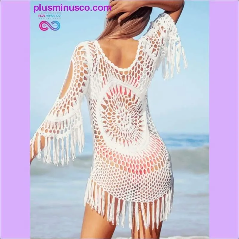 White Crochet Bikini Cover Up with Fringe Trim Women Sexy