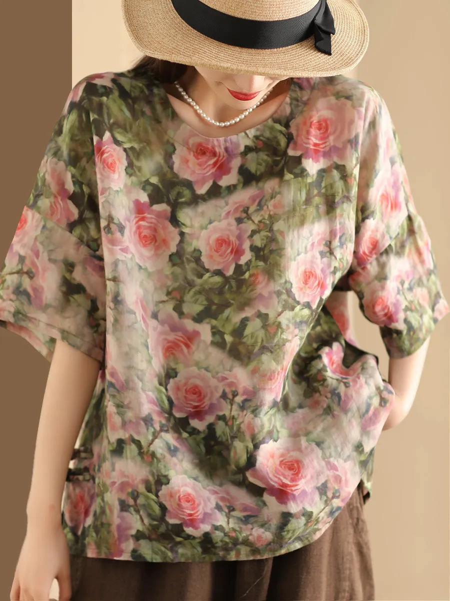 Women Artsy Floral Summer Ramie Pullover Shirt KL1016