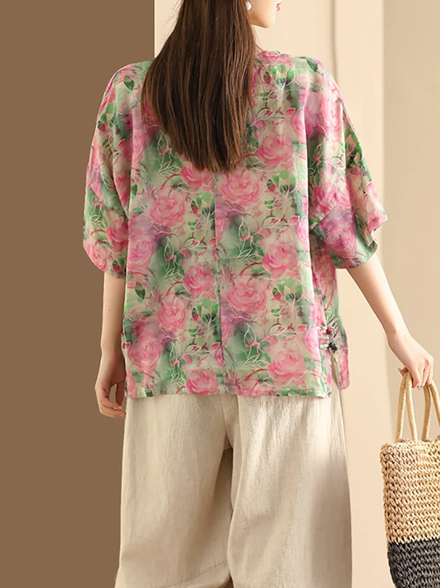 Women Artsy Floral Summer Ramie Pullover Shirt KL1016