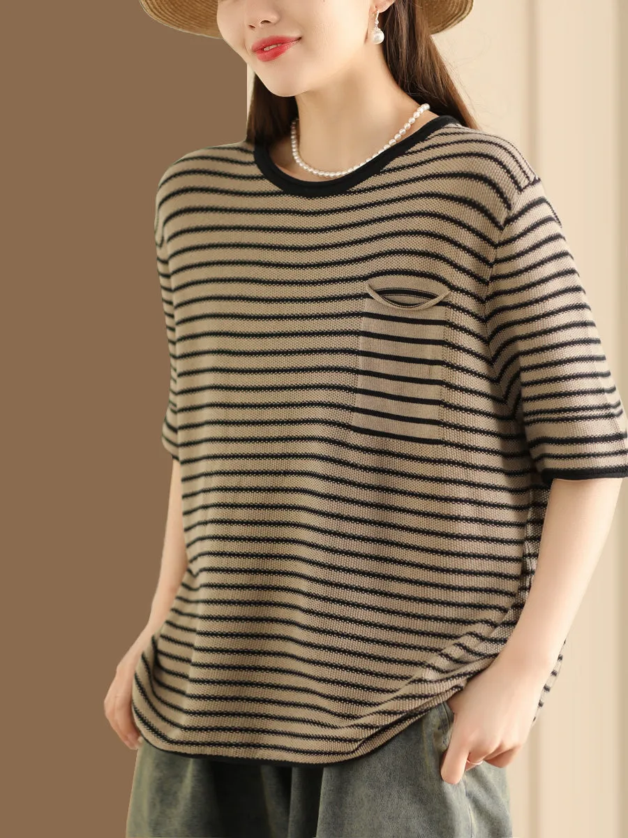 Women Summer Stripe Casaul Knitted Pullover Shirt SC1021