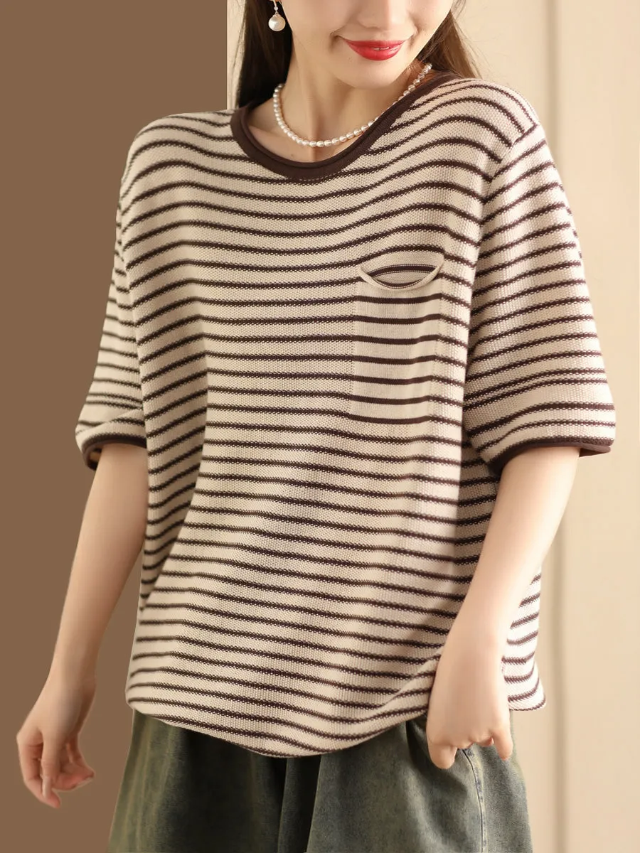 Women Summer Stripe Casaul Knitted Pullover Shirt SC1021