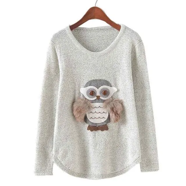 Women Sweaters Owl Pattern   Fashion Loose Grey O Neck Long Sleeve Knittwear Pullovers Clothing Pull femme #WY GS