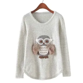 Women Sweaters Owl Pattern   Fashion Loose Grey O Neck Long Sleeve Knittwear Pullovers Clothing Pull femme #WY GS