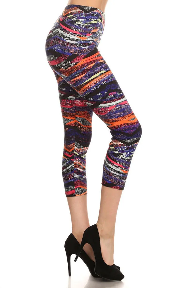 Women’s Regular Artistic Sprayed Print CAPRI Leggings - Black Blue Orange