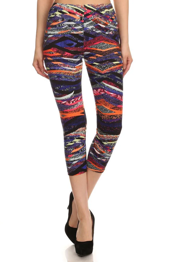 Women’s Regular Artistic Sprayed Print CAPRI Leggings - Black Blue Orange