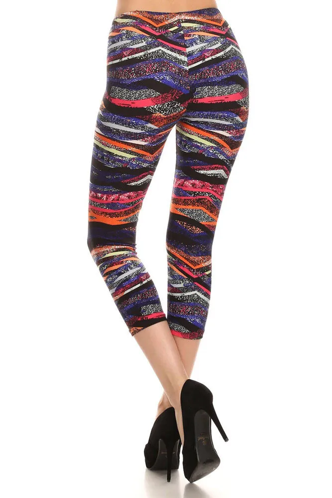 Women’s Regular Artistic Sprayed Print CAPRI Leggings - Black Blue Orange