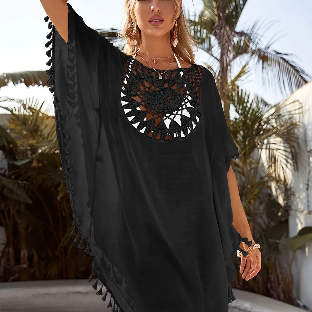 Women's Sexy Summer Hollow Tunic Fringe Crochet Bikini Cover Up