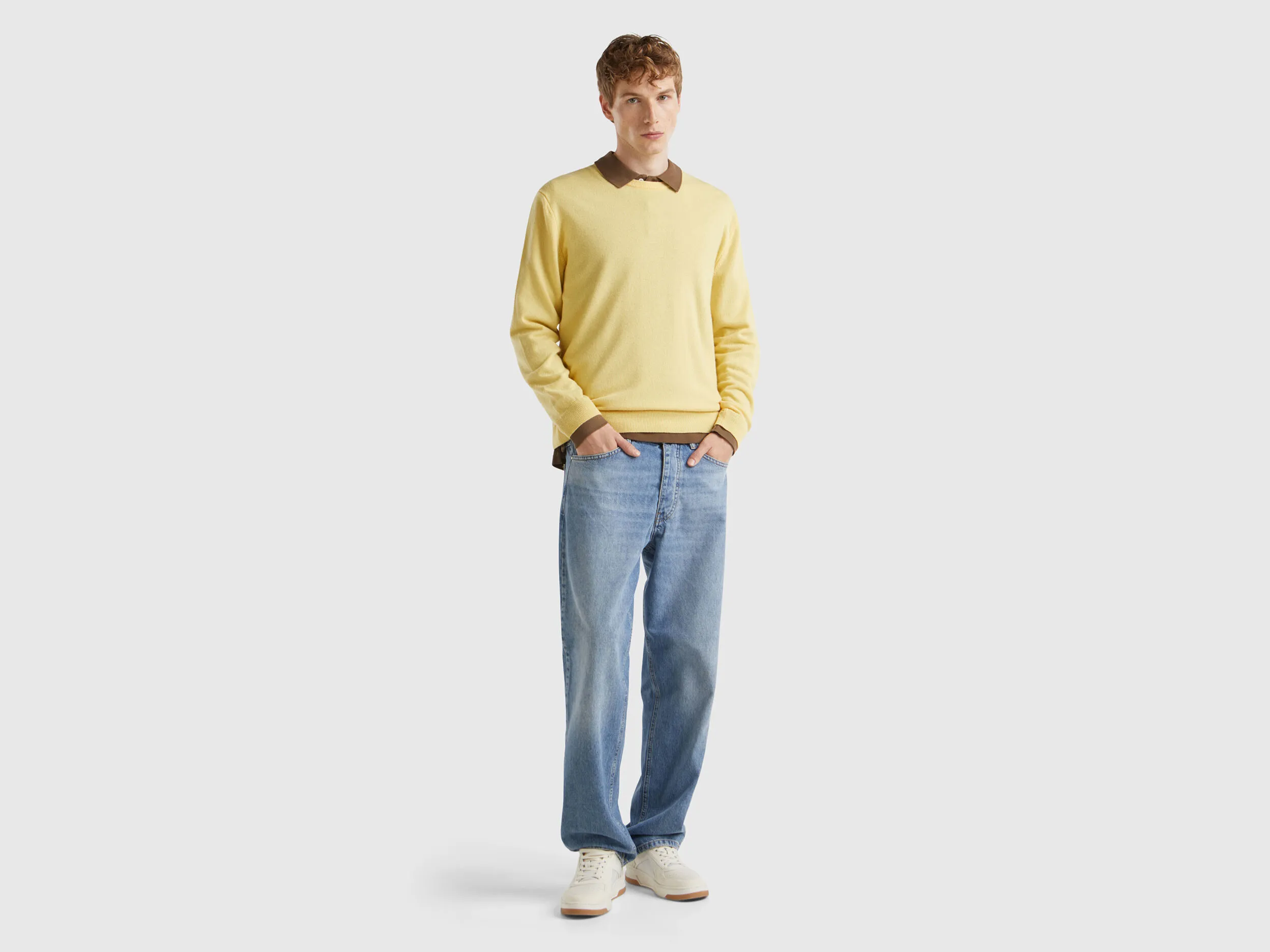 Yellow crew neck sweater in pure Merino wool - Yellow | Benetton