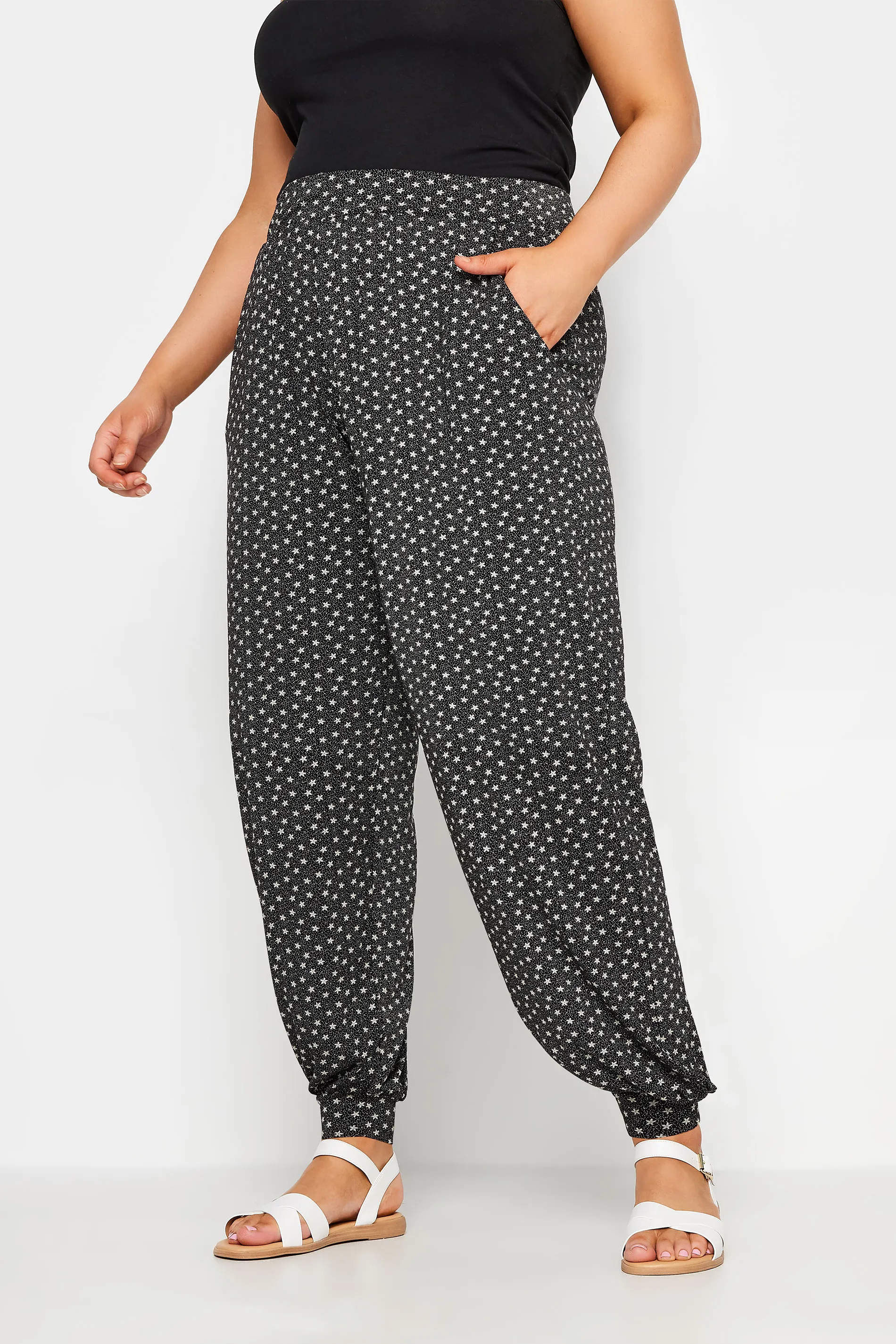 YOURS Curve Black Star Print Harem Joggers