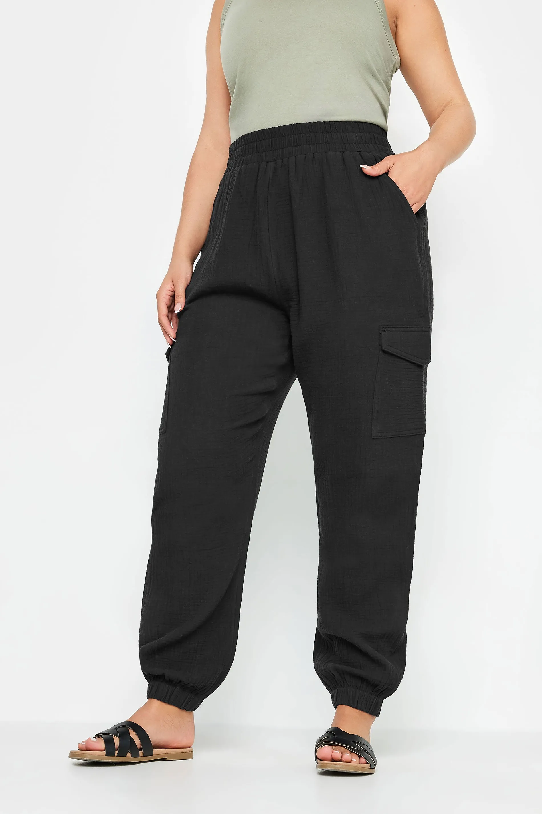 YOURS Curve Sage Black Cheesecloth Cuffed Joggers