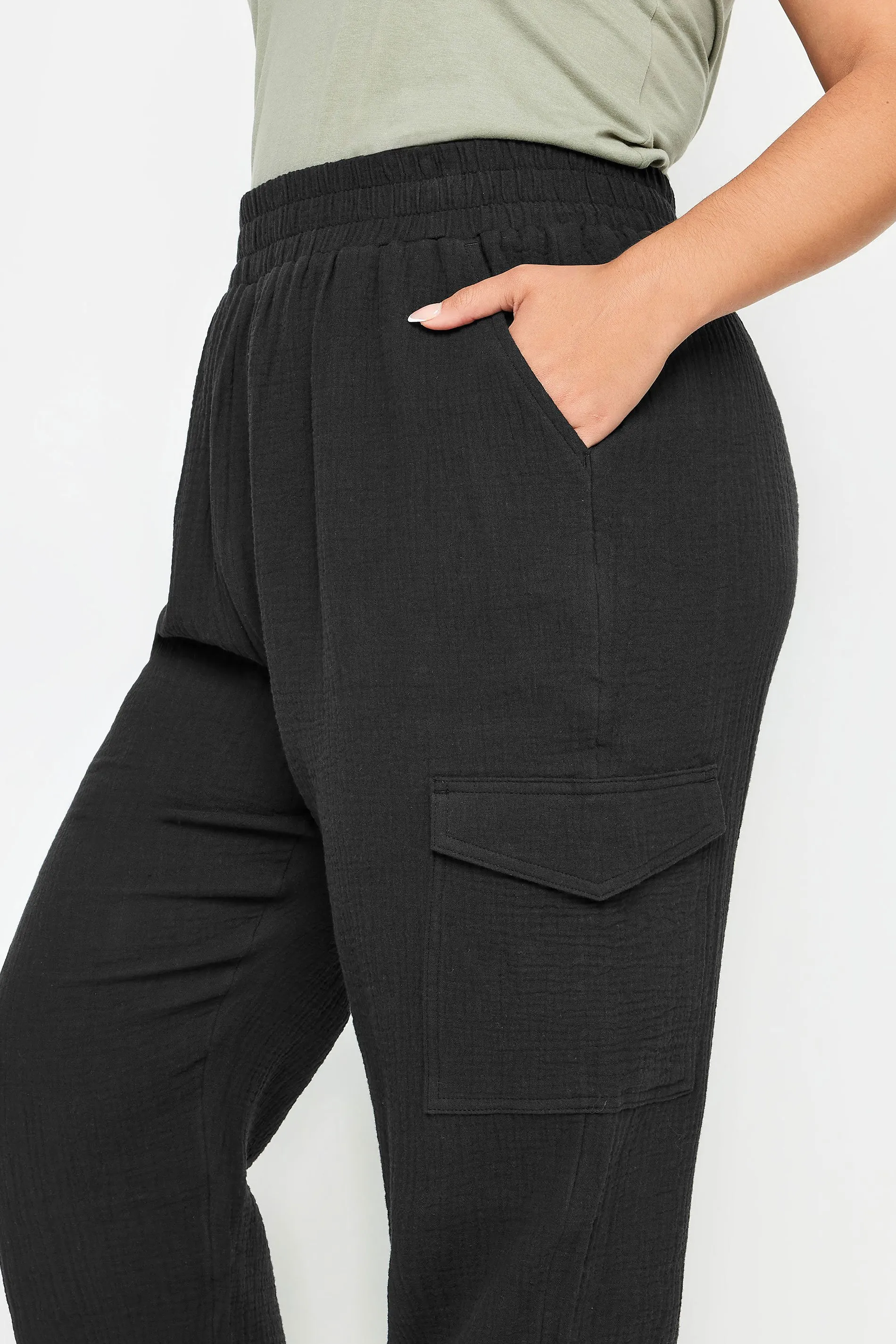 YOURS Curve Sage Black Cheesecloth Cuffed Joggers