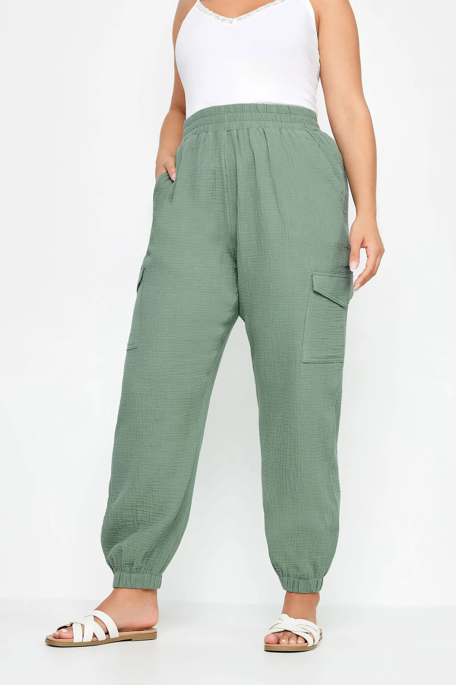 YOURS Curve Sage Green Cheesecloth Cuffed Joggers