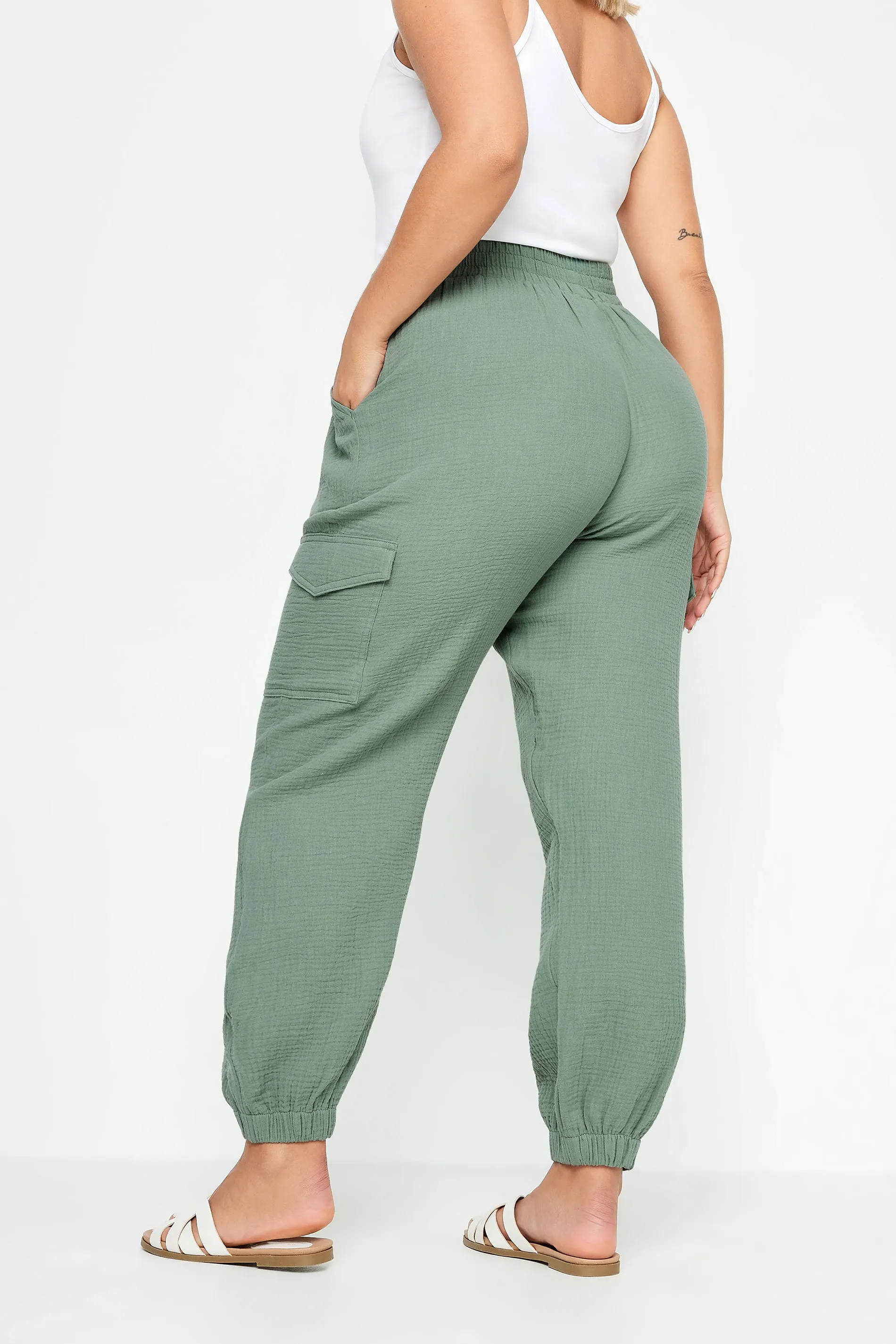 YOURS Curve Sage Green Cheesecloth Cuffed Joggers